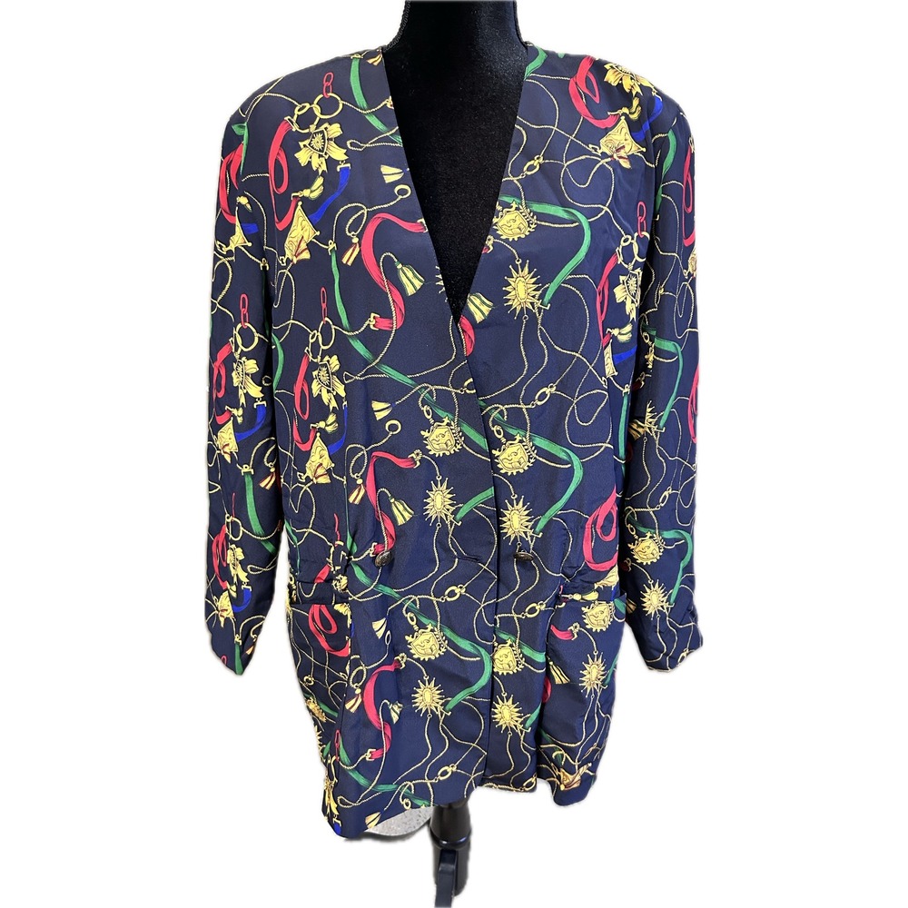 Vintage Chaus Chain Tassel Print Blazer Navy Blue Equestrian Jacket Womens 12
